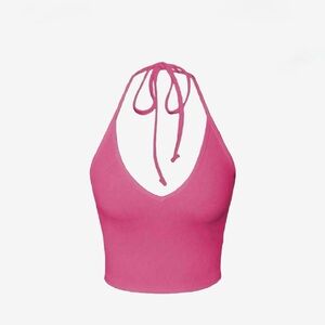Pink Halter Neck Ribbed Crop Top